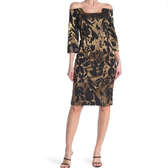Trina Turk Sumire Off The Shoulder Jacquard Sheath Dress Black Gold size 6
